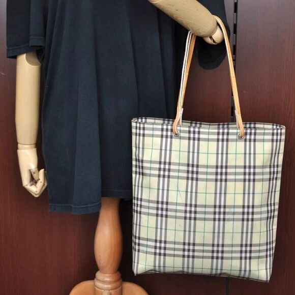 Authentic BURBERRY Check Nylon Leather Shoulder Tote Bag Yellow Green K8189 - Picture 15 of 15